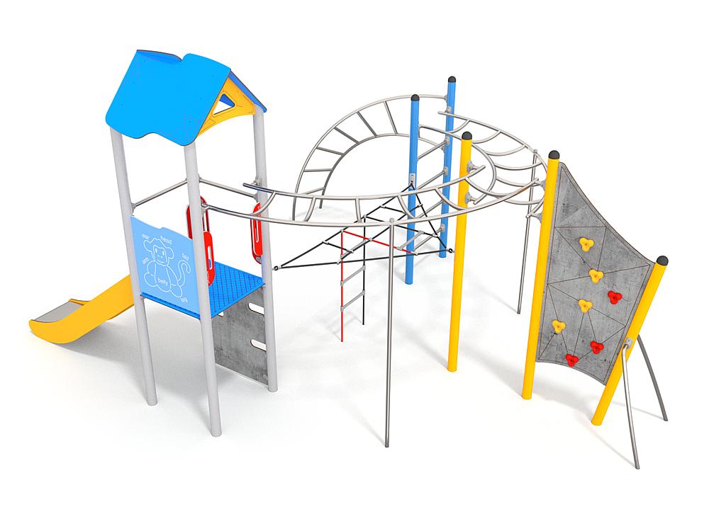 Schwinger für Kleinkinder mit Metallgestell und grünen Verbindungen auf weißem Hintergrund.