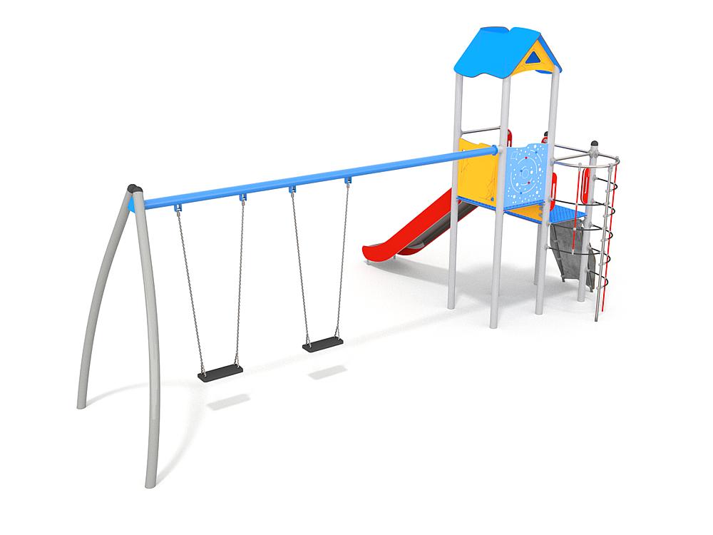 Schwinger für Kleinkinder mit Metallgestell und grünen Verbindungen auf weißem Hintergrund.