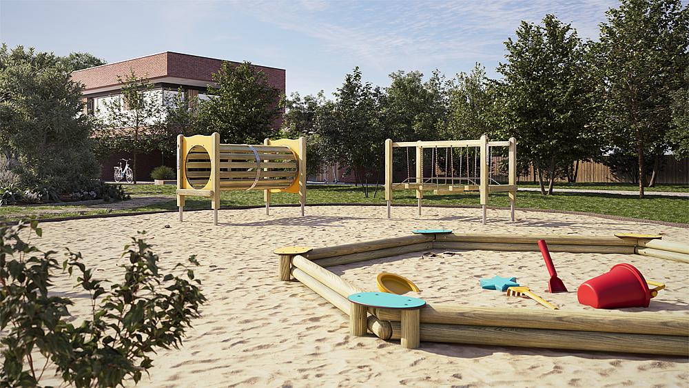 Spielplatz mit Sandkasten und Klettergerüst im sonnigen Garten vor einem Haus.