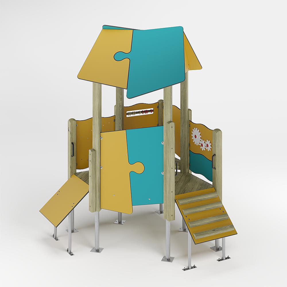 Bunte Puzzle-Formen auf einem Spielhaus mit Holzstufen und Metallgestell – kinderfreundliches Outdoor-Spielgerät.

German:  
Farbenfrohes Puzzlespielhaus für Kinder mit Holztreppe und Metallrahmen im Freien.