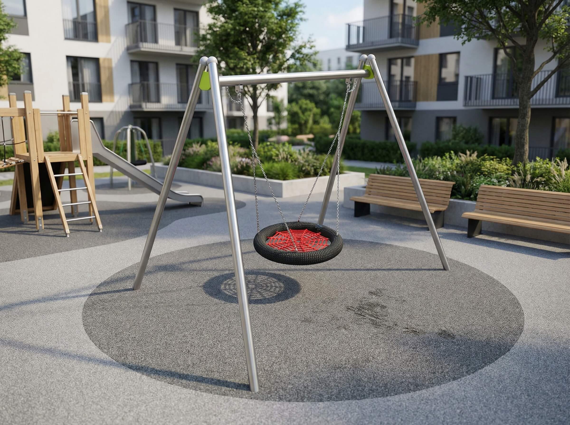 Modern playground with tire swing, wooden benches und slide near residential buildings.