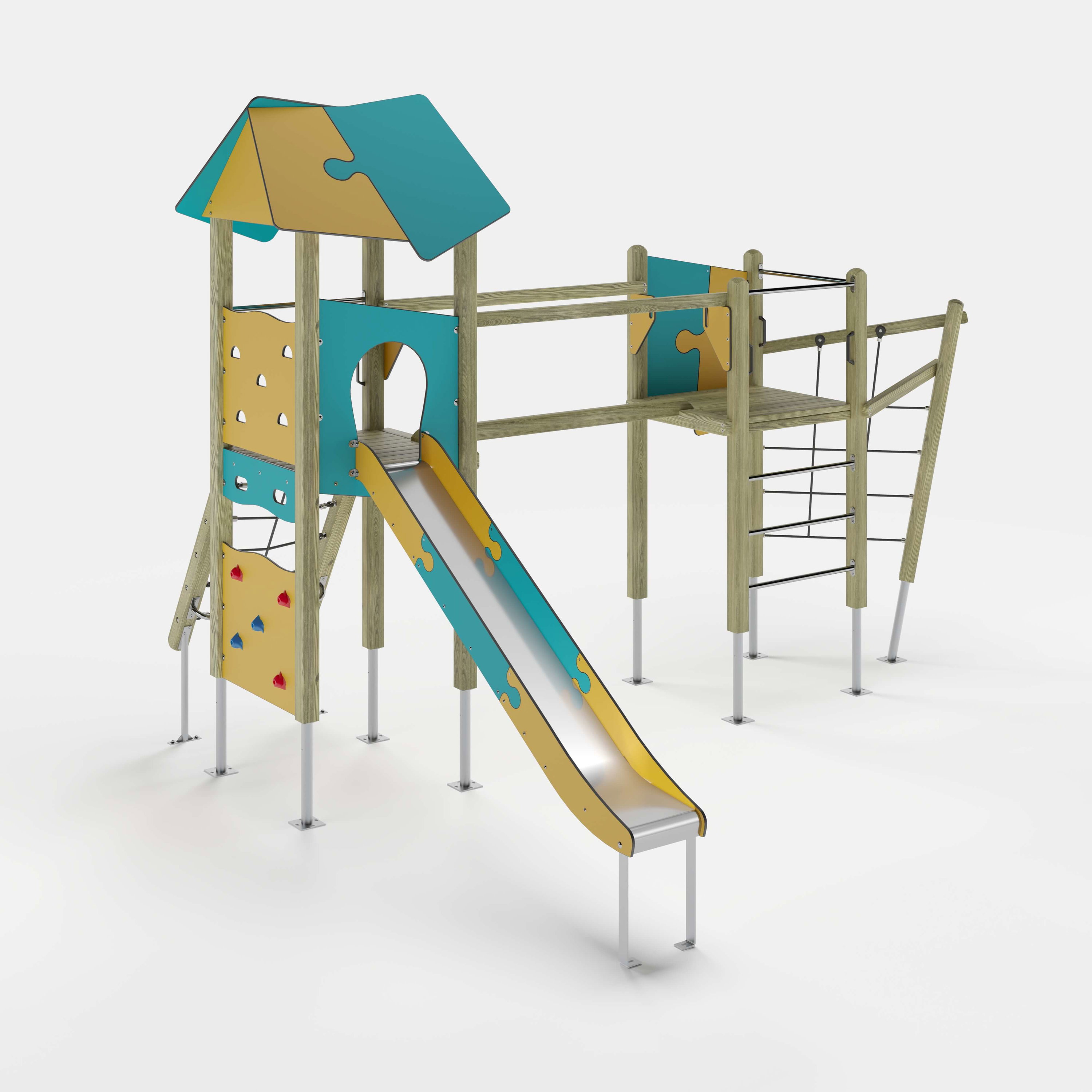 Bunte Kinderspielburg mit Dach und Rutsche auf weißem Hintergrund.