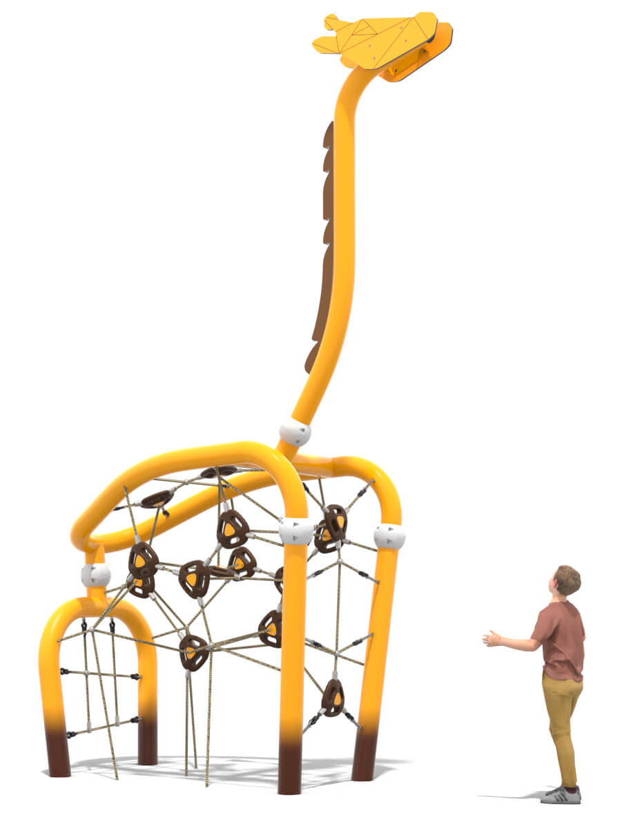 Gelber Giraffen-Spielplatz mit Klettergerüst und Kind daneben auf weißem Hintergrund.