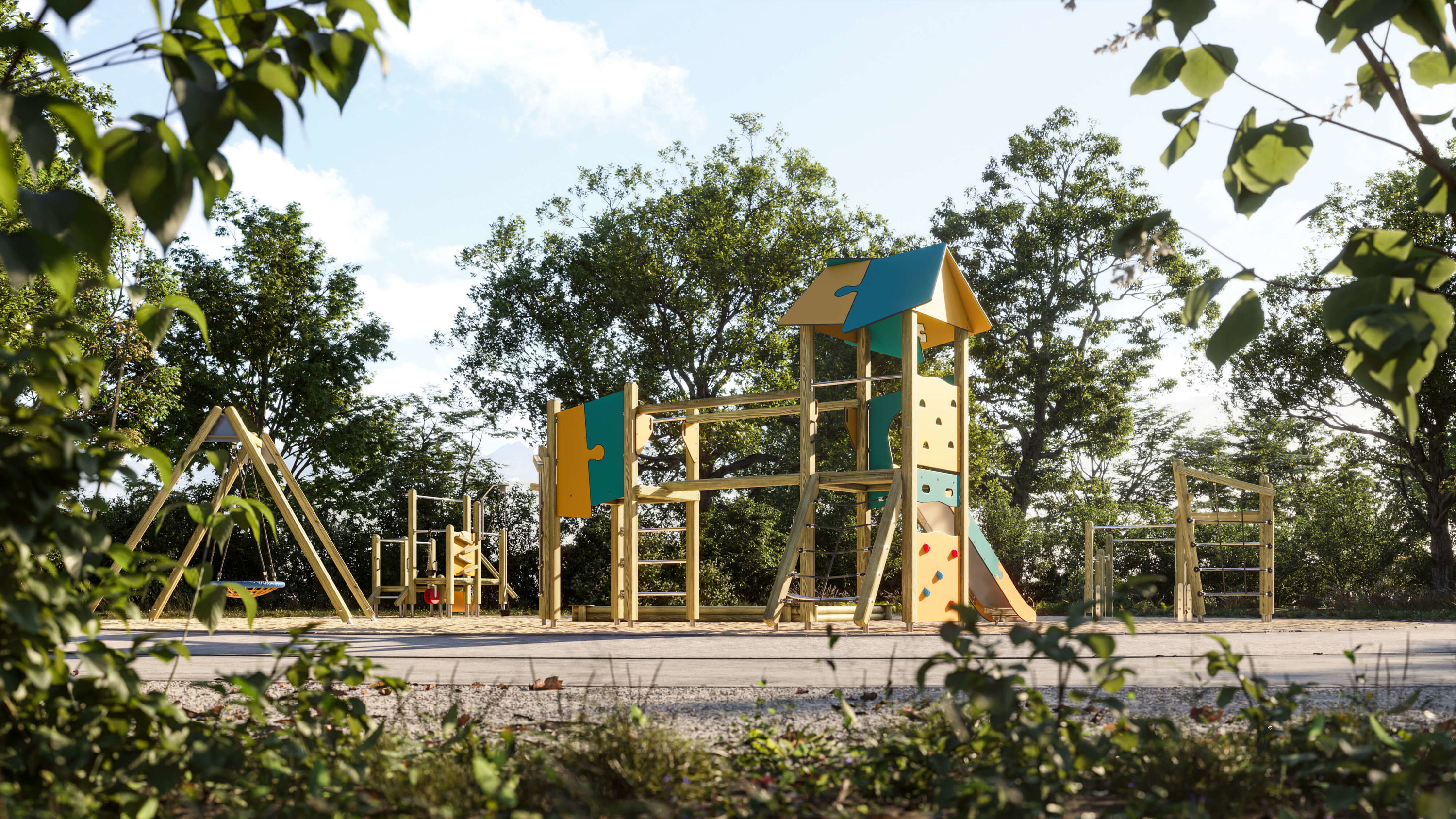 Farbiger Holzspielplatz mit Rutsche und Schaukel im grünen Park unter blauem Himmel.