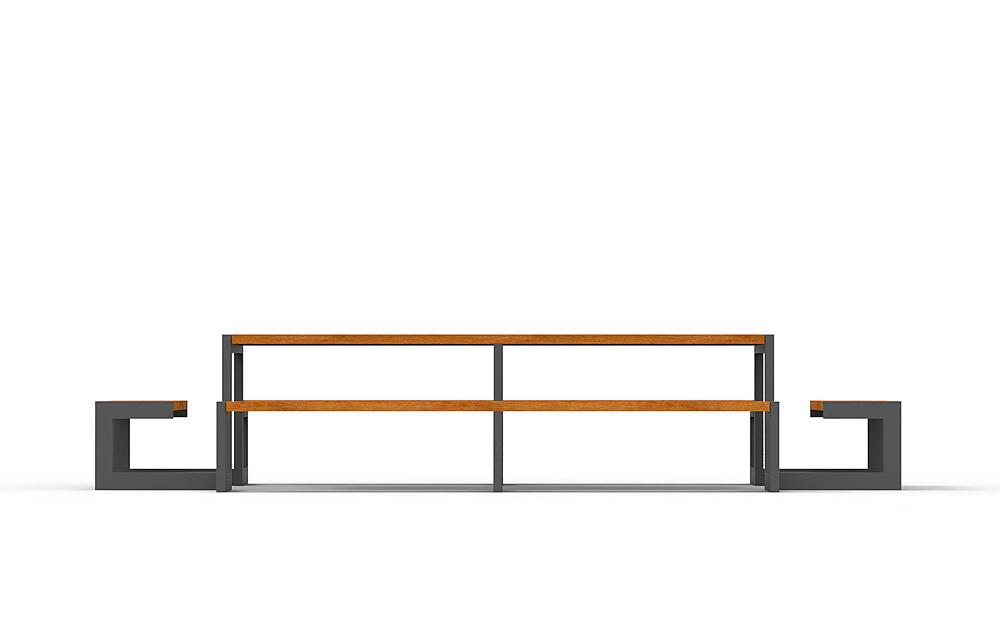 Moderne Sitzgelegenheit mit geschwungenem Gestell und dunkler Farbe auf weißem Hintergrund.