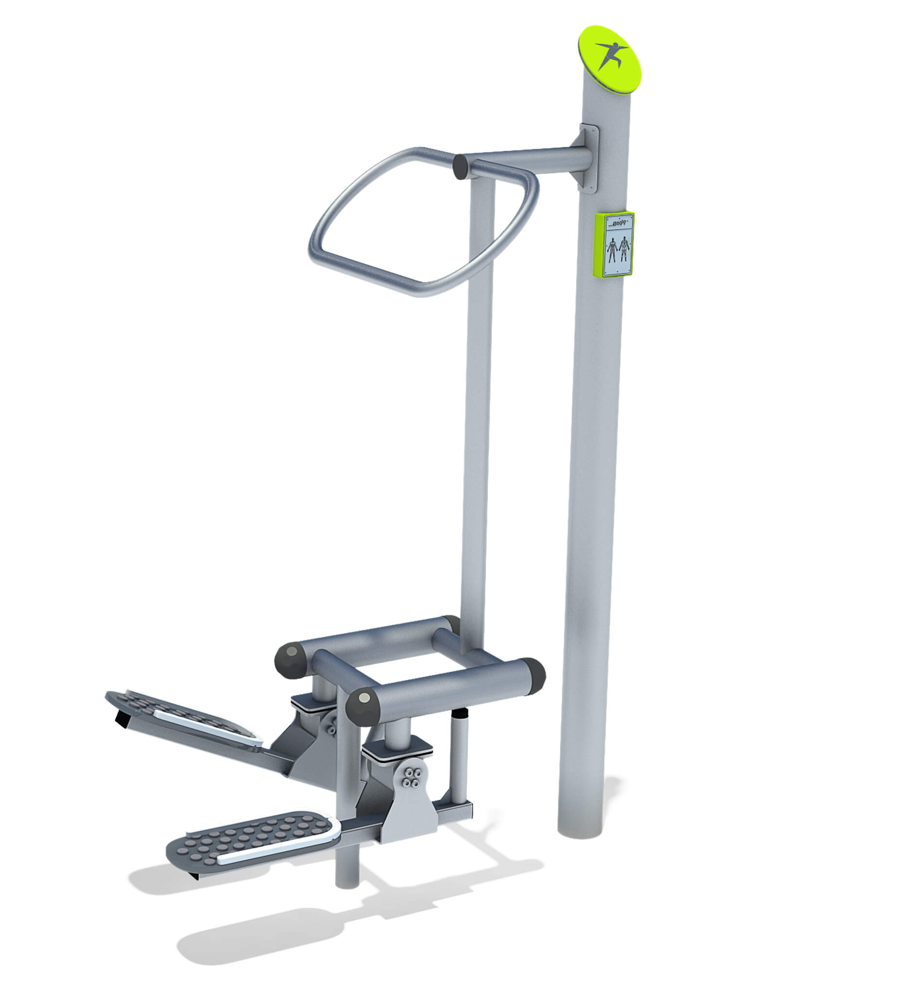 Außenstation für Bein- und Bauchübungen mit Griffen und Pedalen – Fitnessgerät im Freien.

(Translation: Outdoor station for leg and abdominal exercises with handles and pedals — fitness equipment outdoors.)