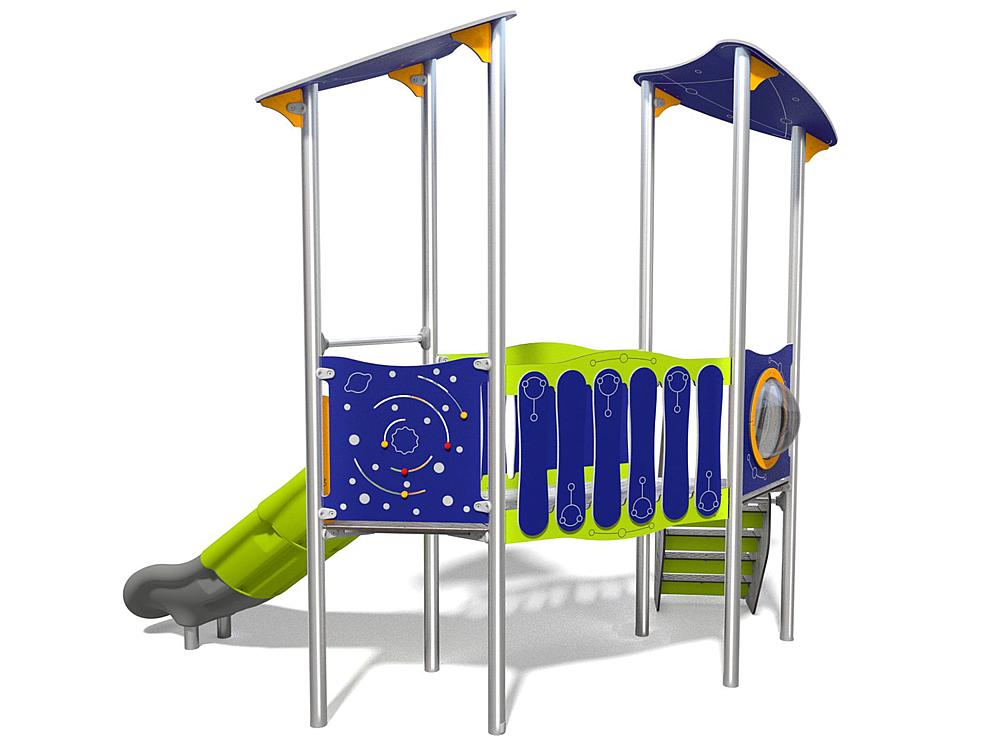 Schwinger für Kleinkinder mit Metallgestell und grünen Verbindungen auf weißem Hintergrund.
