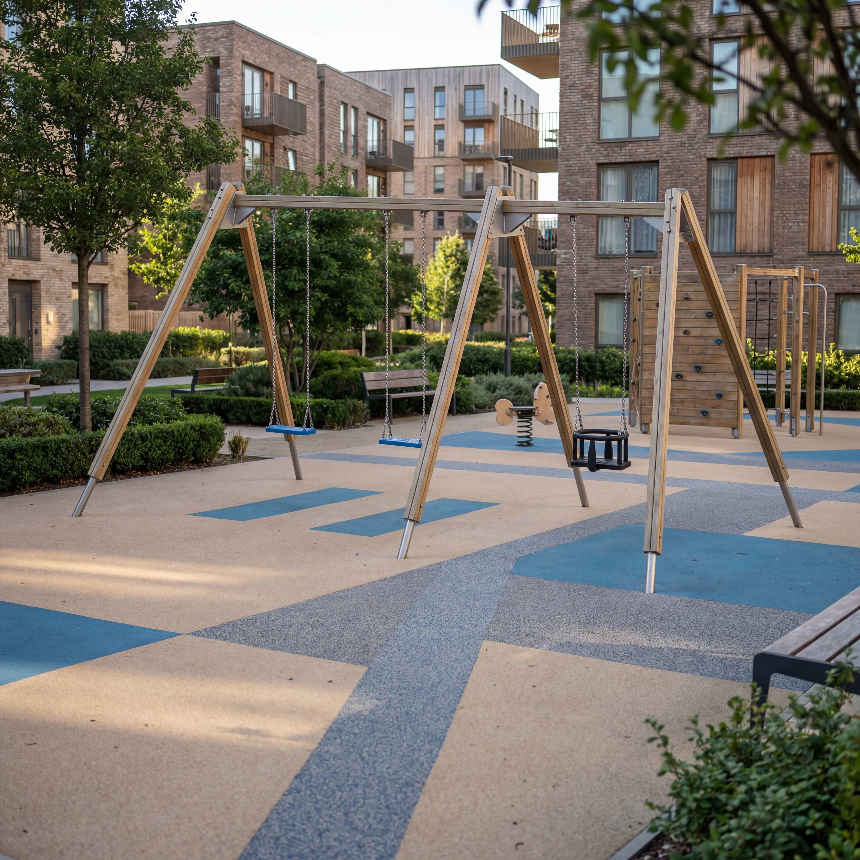 Spielplatz mit Schaukeln und Klettergerüst vor modernen Wohnhäusern im Grünen.