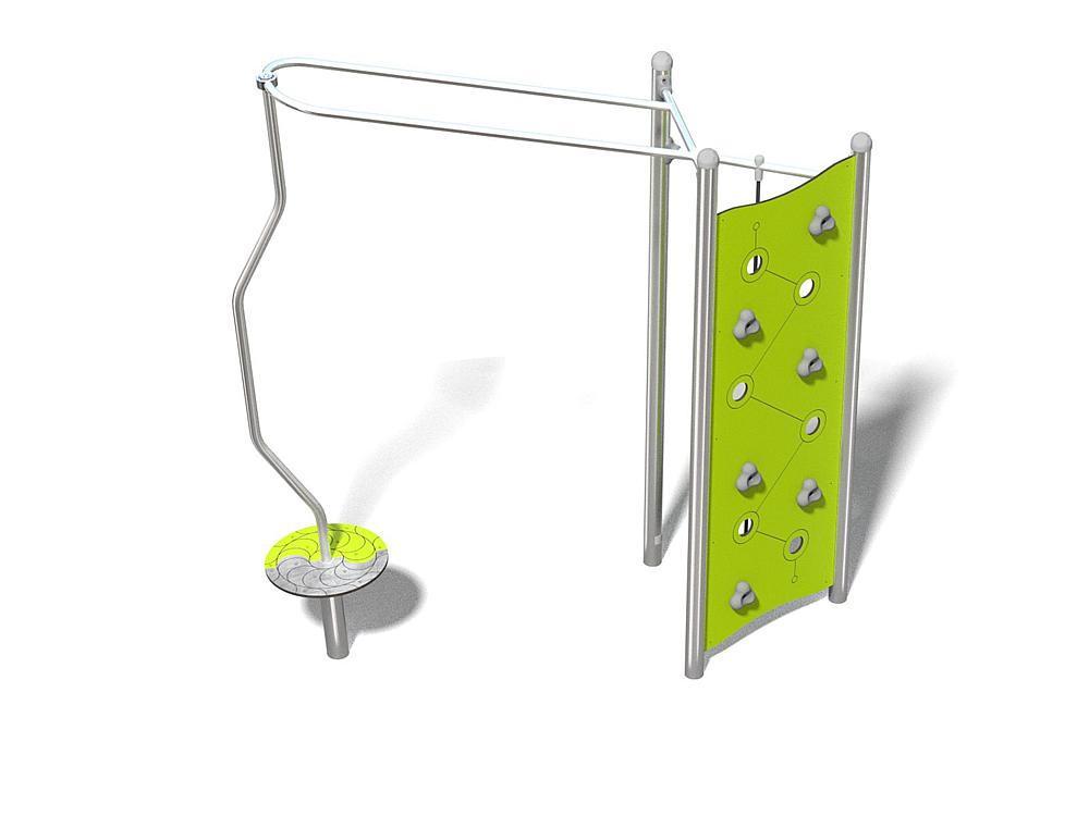 Schwinger für Kleinkinder mit Metallgestell und grünen Verbindungen auf weißem Hintergrund.