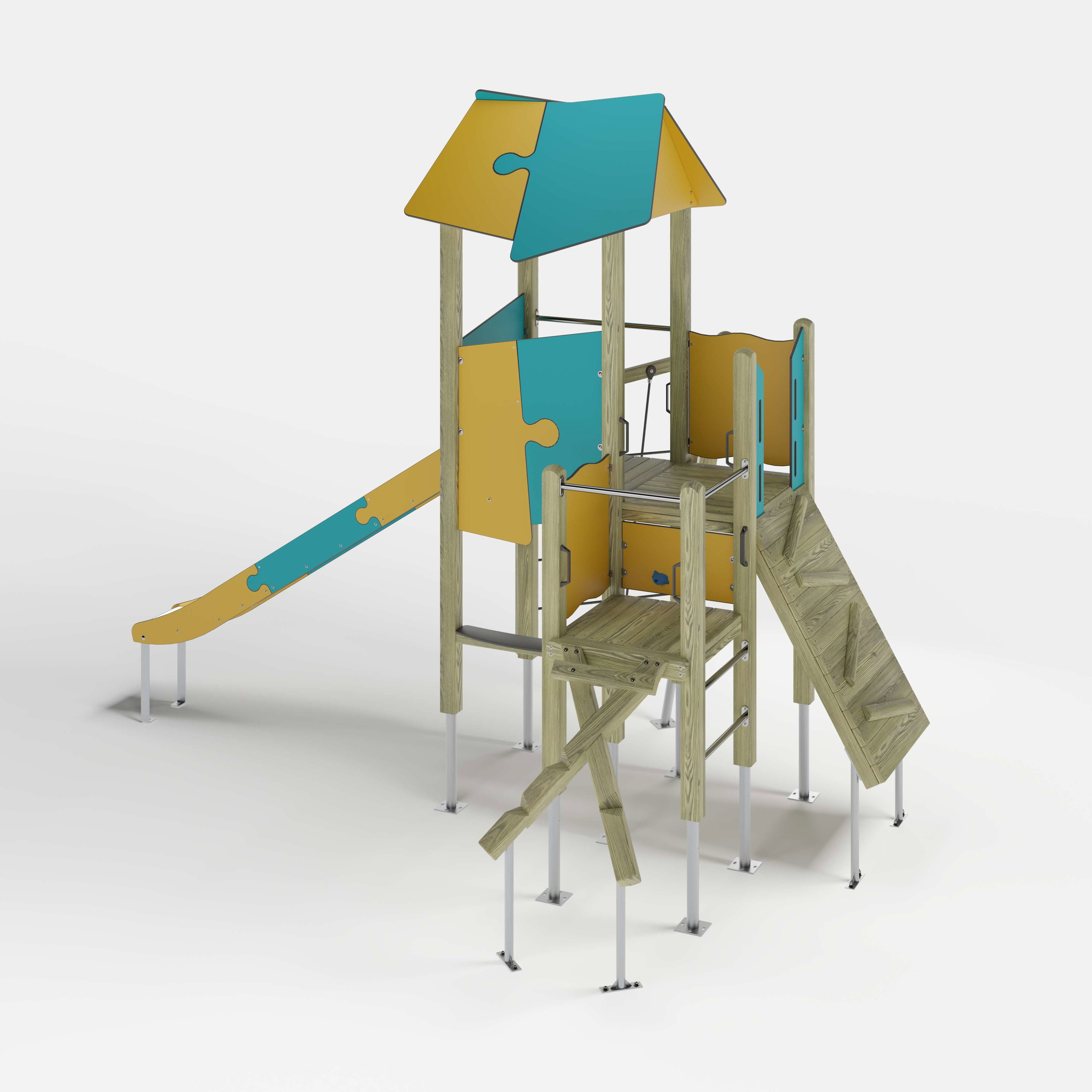 Bunte Kinderspielburg mit Dach und Rutsche auf weißem Hintergrund.