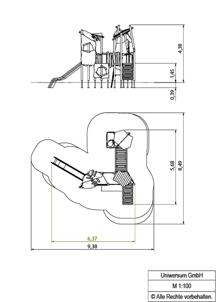 Kinderspielplatz mit Rutsche, Klettergerüst und Seilrutschen im grünen Bereich.