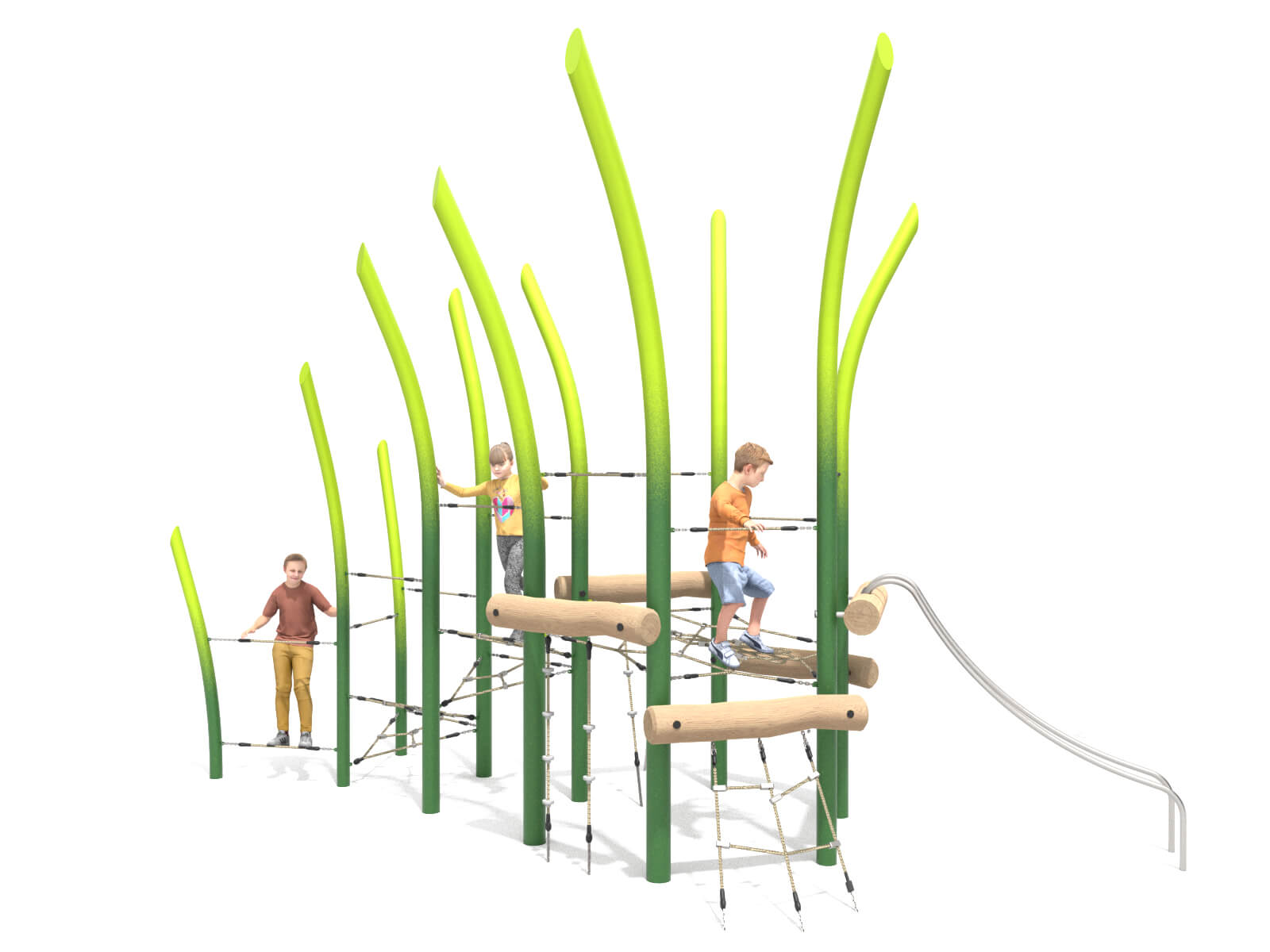 Schwinger für Kleinkinder mit Metallgestell und grünen Verbindungen auf weißem Hintergrund.