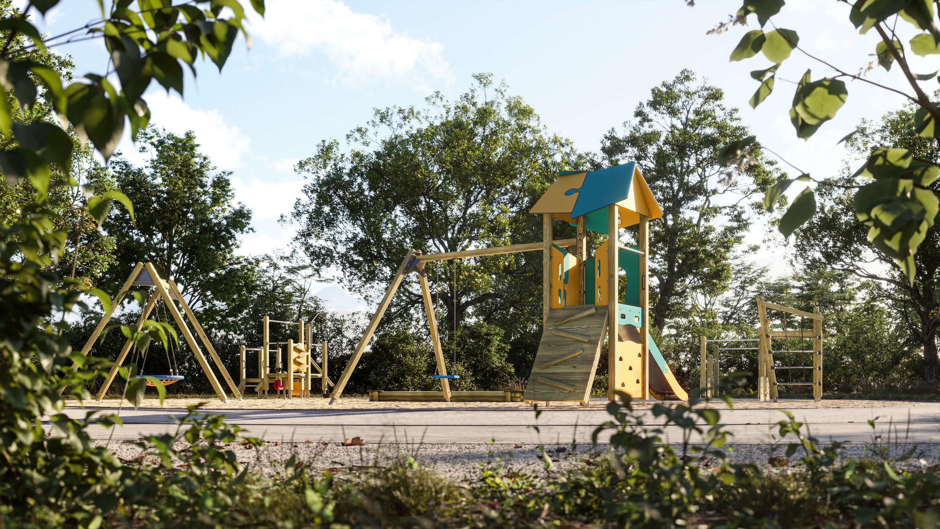 Farbiger Holzspielplatz mit Rutsche und Schaukel im grünen Park unter blauem Himmel.