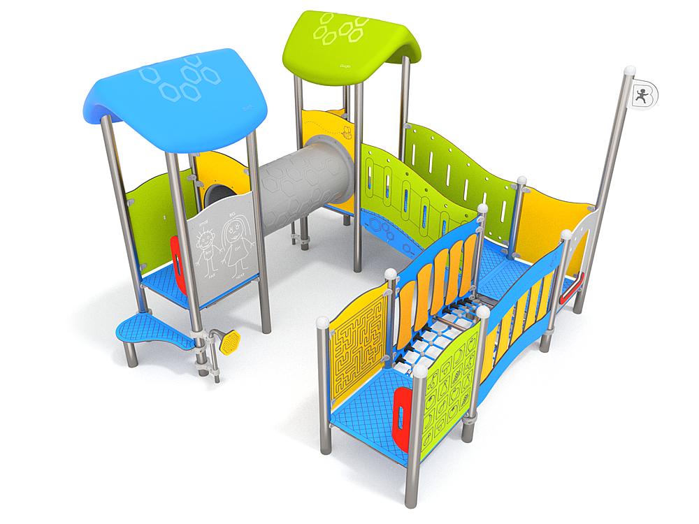 Schwinger für Kleinkinder mit Metallgestell und grünen Verbindungen auf weißem Hintergrund.