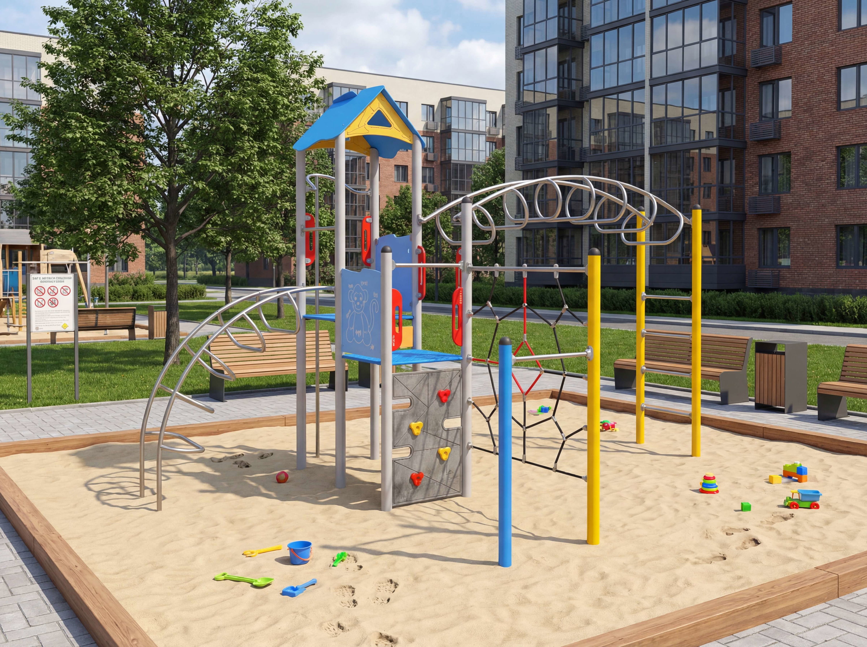 Farbe Spielplatz im Sandkasten vor modernem Wohnhaus mit Bäumen und Banken.