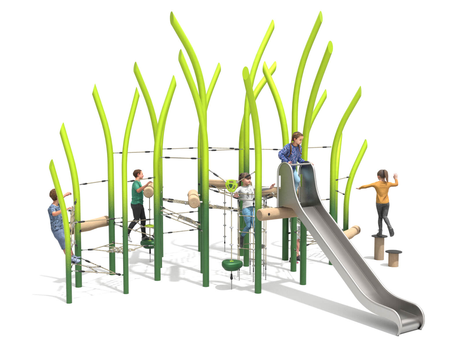 Schwinger für Kleinkinder mit Metallgestell und grünen Verbindungen auf weißem Hintergrund.