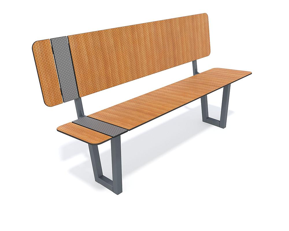 Moderne Bank mit Holz- und Metallgestell für Büro oder öffentliche Räume.