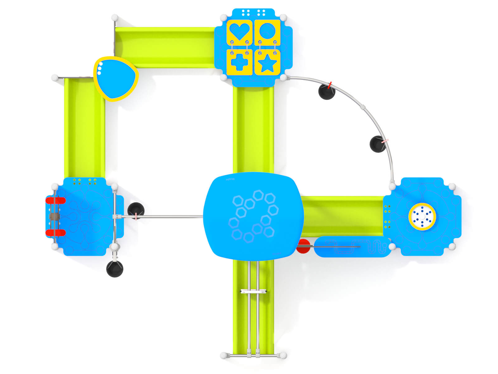 Schwinger für Kleinkinder mit Metallgestell und grünen Verbindungen auf weißem Hintergrund.