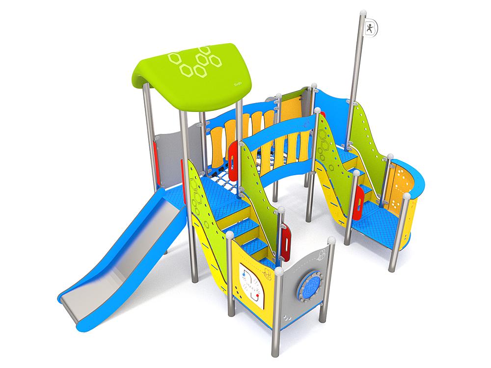 Schwinger für Kleinkinder mit Metallgestell und grünen Verbindungen auf weißem Hintergrund.