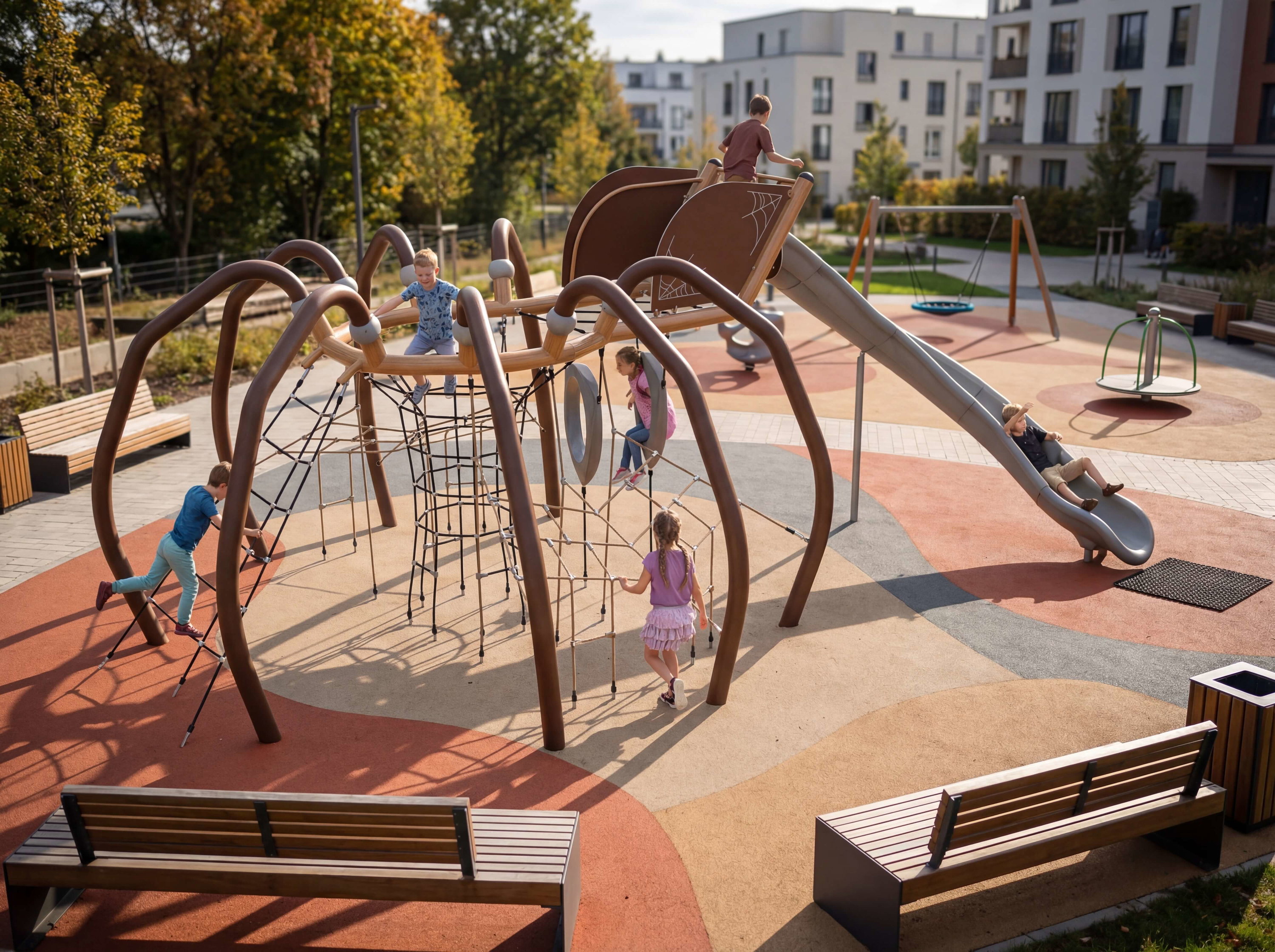 Kinder spielen auf einer modernen Spielanlage mit Rutsche und Klettergerüst im städtischen Park.