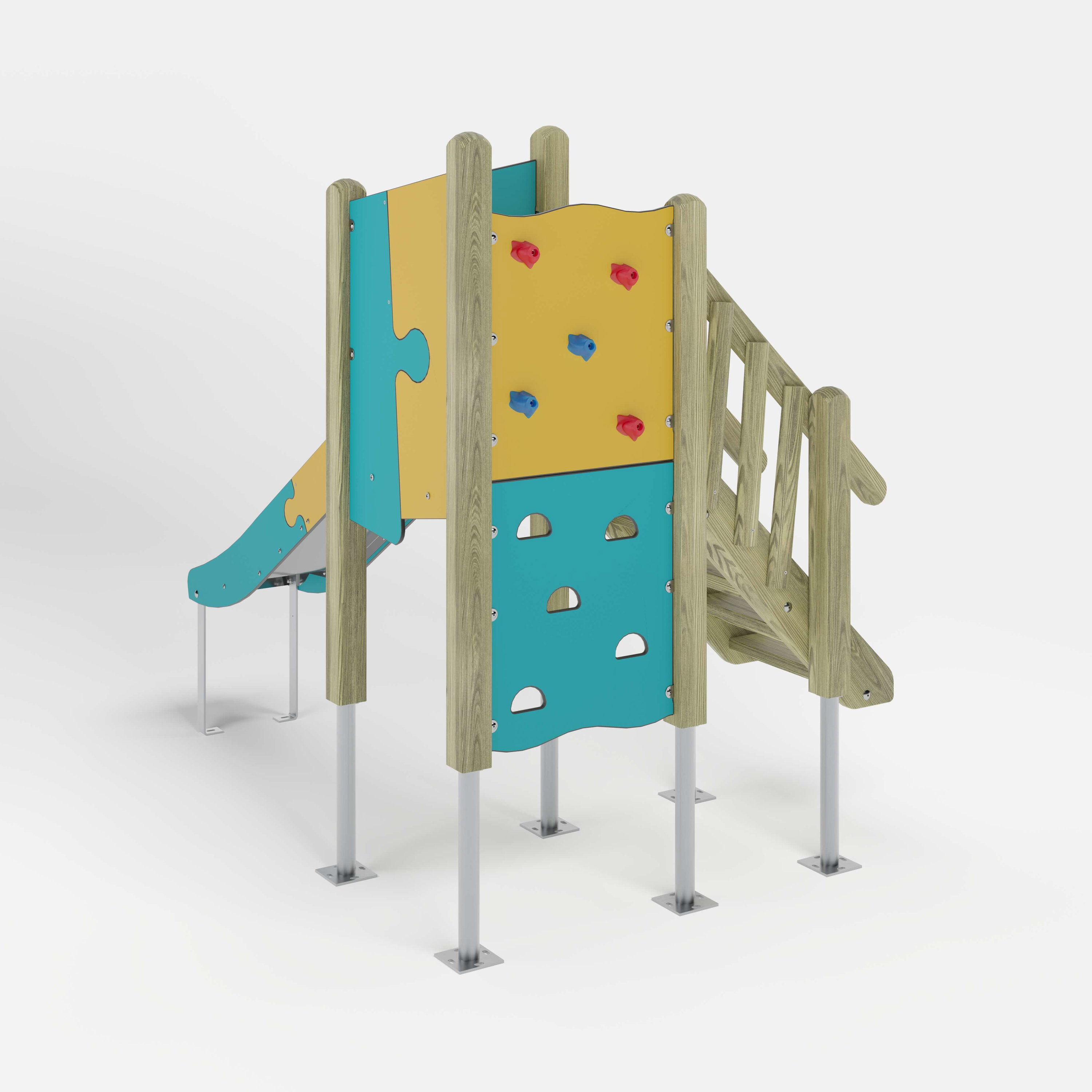 Bunte Kinderspielburg mit Dach und Rutsche auf weißem Hintergrund.