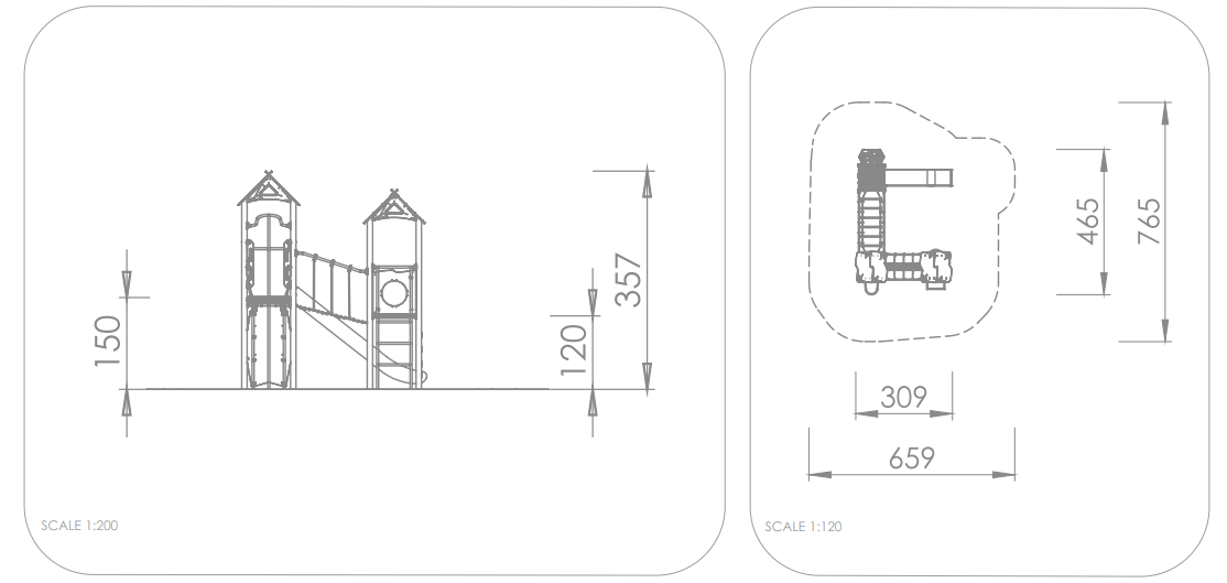 Technische Zeichnung eines Spielplatzgeräts mit Seiten- und Grundrissansicht.

**German Alt Text (max 125 chars):**
„Spielplatzgerät – technischer Schnitt & Grundriss mit Maßen.“