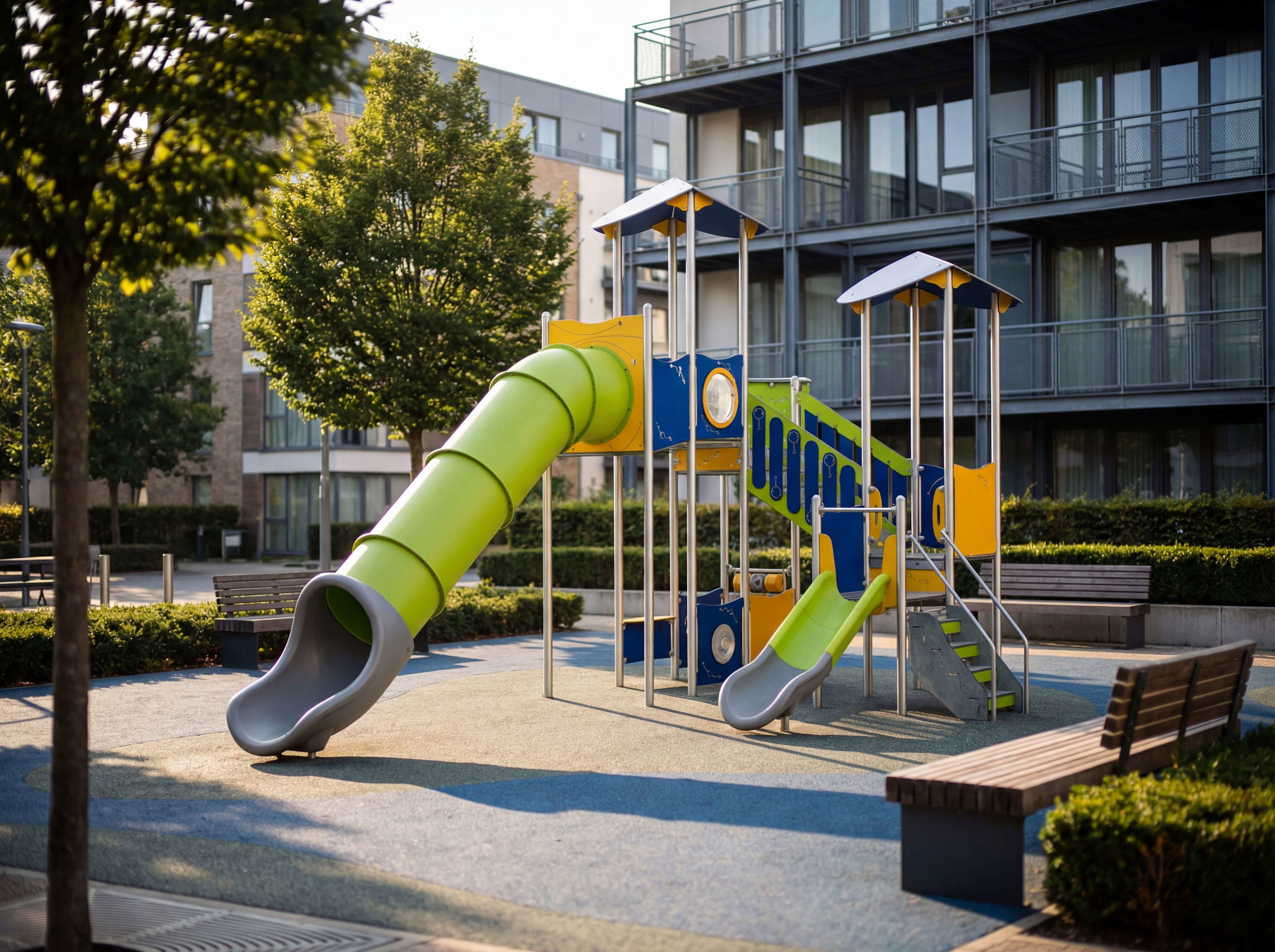 Farbiger Spielplatz mit Rutschen vor modernen Wohnhäusern im Grünen.