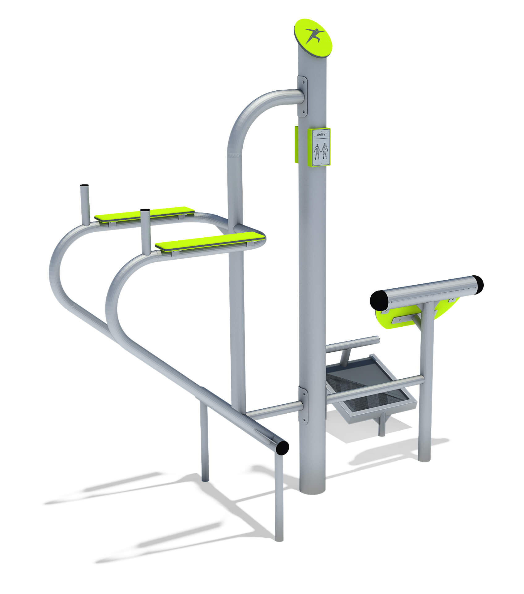Outdoor fitness station with green accents and multiple exercise stations for public use.