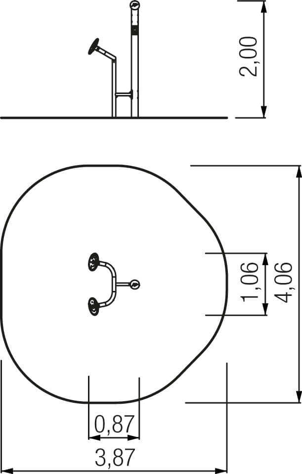 Technische Zeichnung einer Toilette mit Maßen und Armaturansicht.
