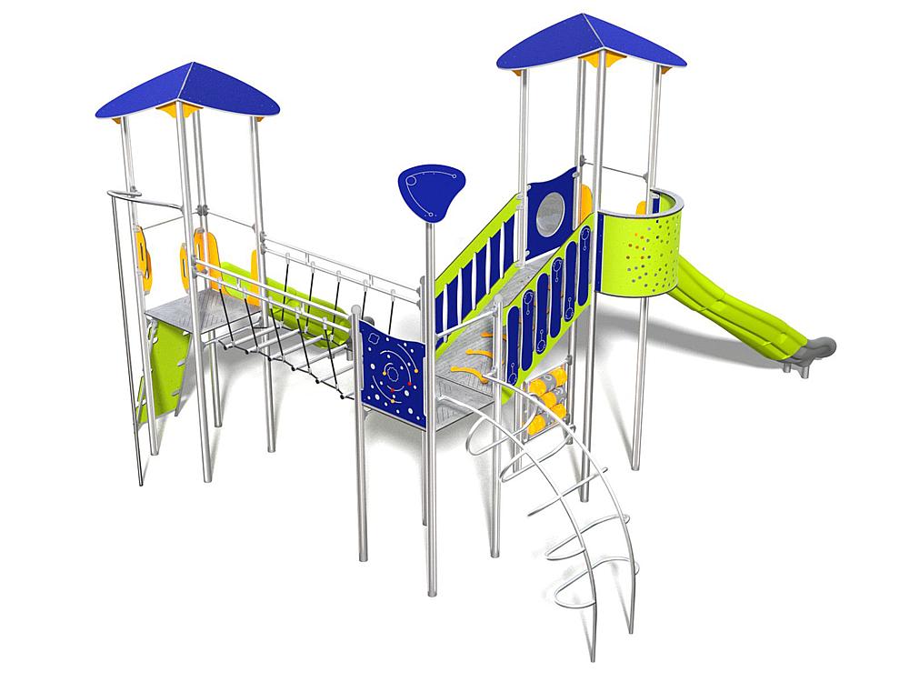 Schwinger für Kleinkinder mit Metallgestell und grünen Verbindungen auf weißem Hintergrund.
