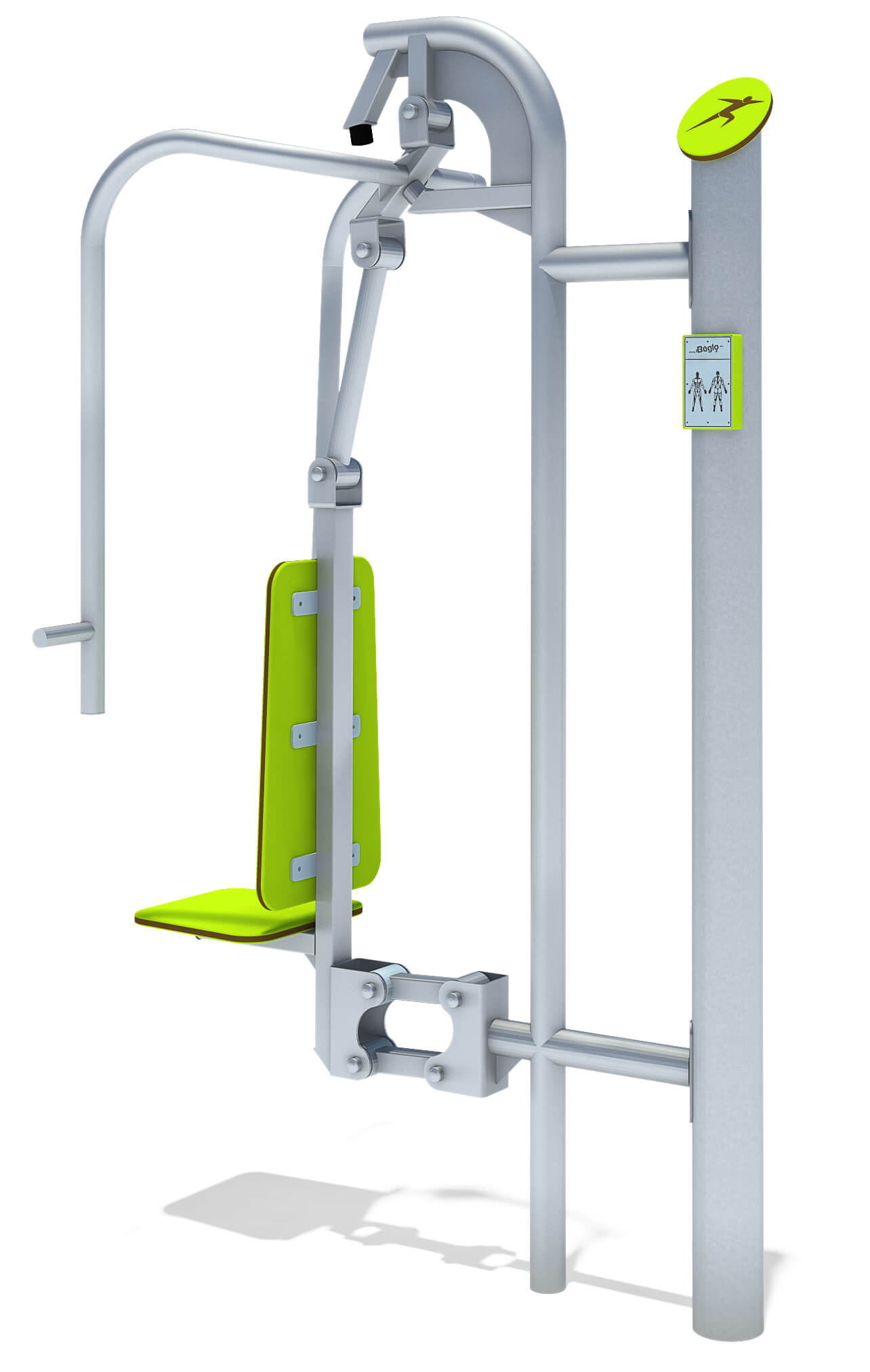 Outdoor fitness station with lime green seat and backrest, silver frame, instruction plaque attached.