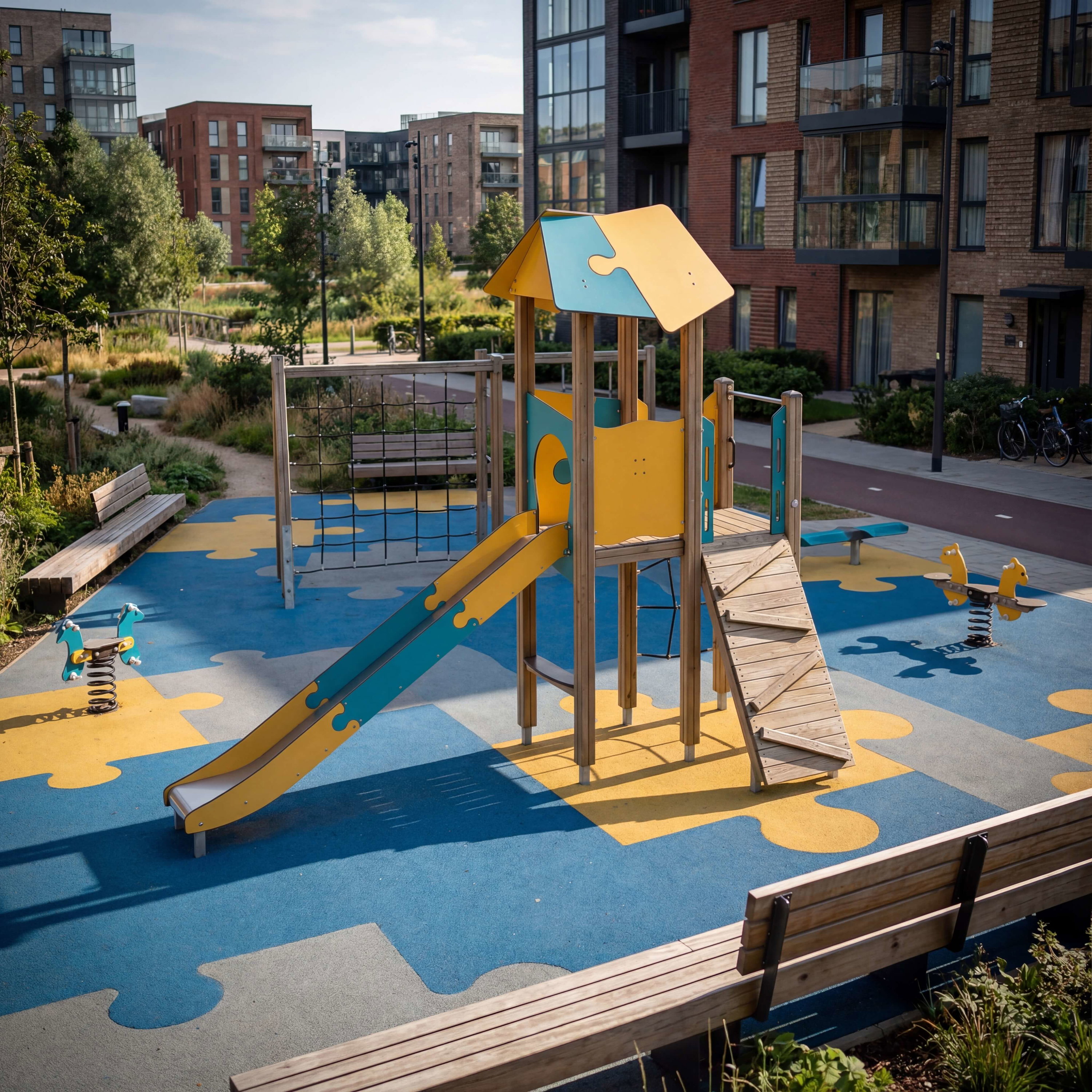 Farbe Spielplatz mit Rutsche und Holzbrücke im modernen Wohnviertel.

Funky playground with slide & wooden bridge in urban neighborhood.