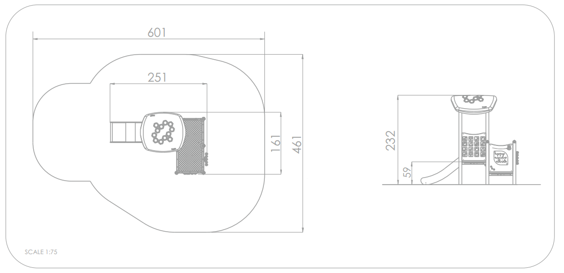 Spielplatz-Plan mit Maßen und Ansicht – Skala 1:75