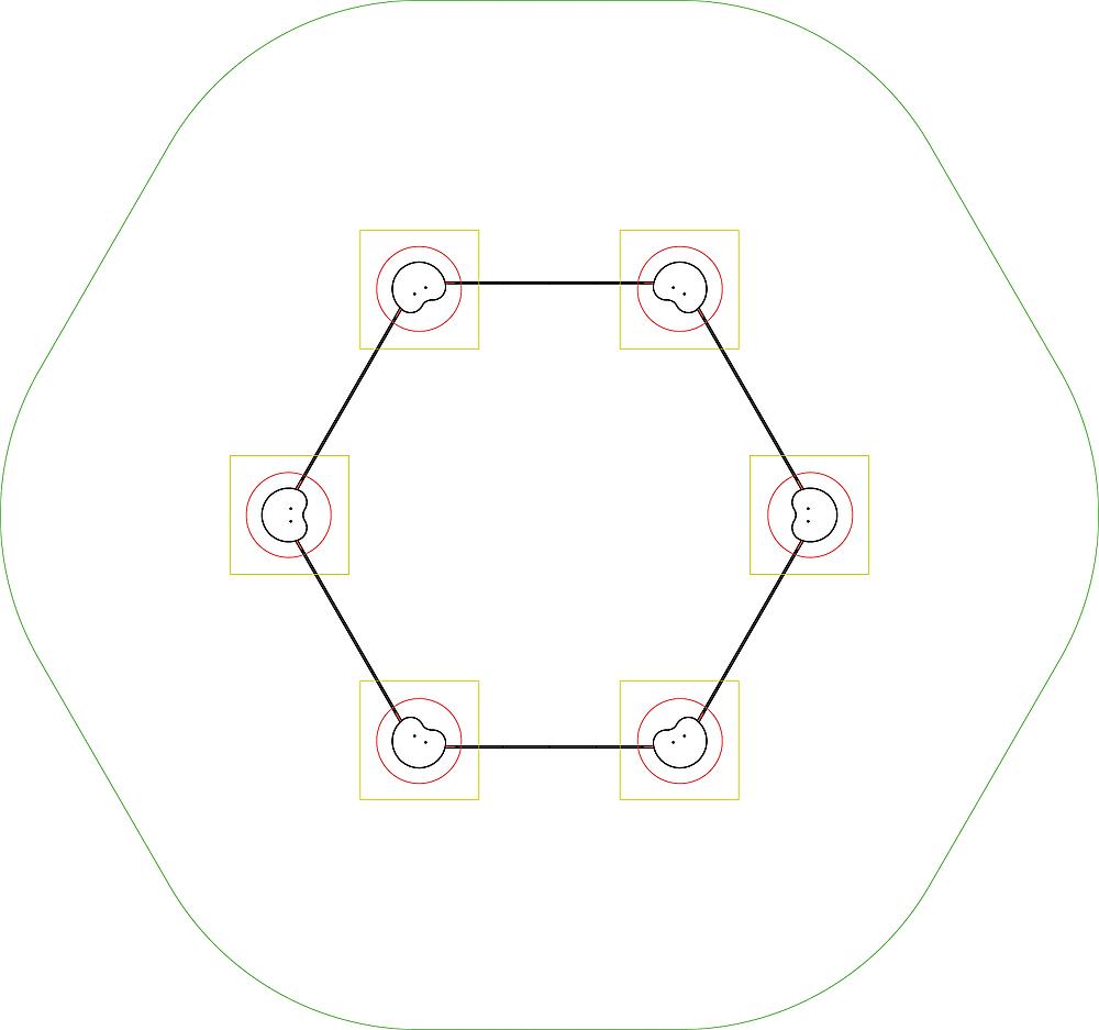 Sechs runde Symbole in einem Hexagon, verbunden durch Linien und Rahmen.