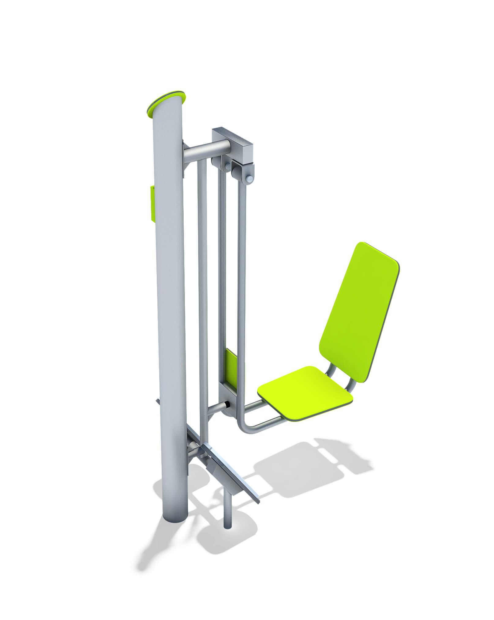 Grünes Sitzgerät für Outdoor-Training mit Metallrahmen und Fußstütze auf weißem Hintergrund.