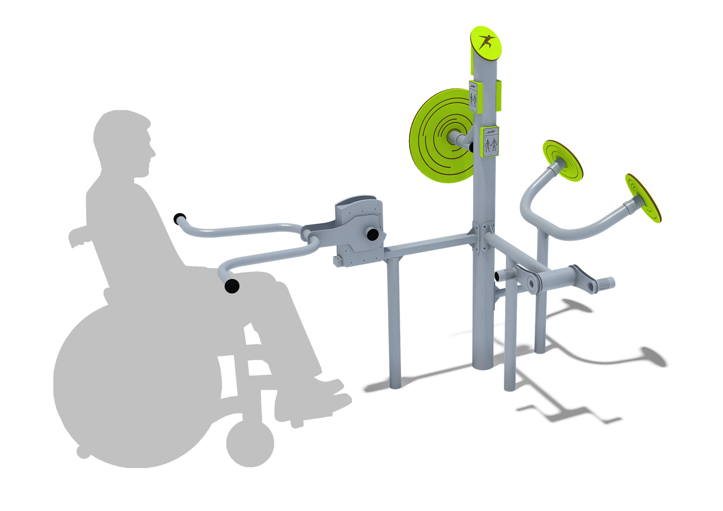 Behind-the-scenes view: A person using adaptive outdoor exercise equipment designed for wheelchair users.
