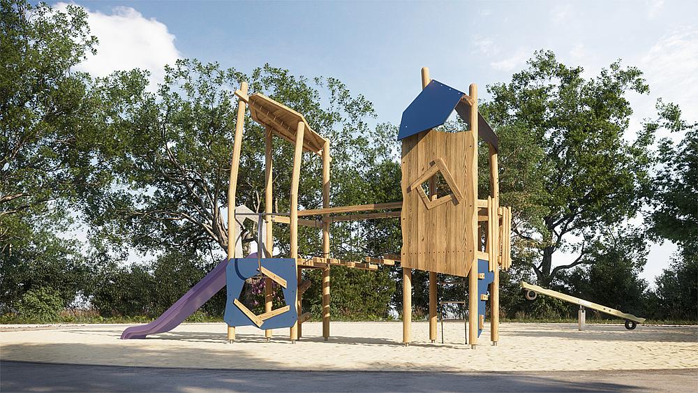 Holzspielplatz mit Rutsche und Schaukel im Sand unter Bäumen – kinderfreundlich und naturverbunden.