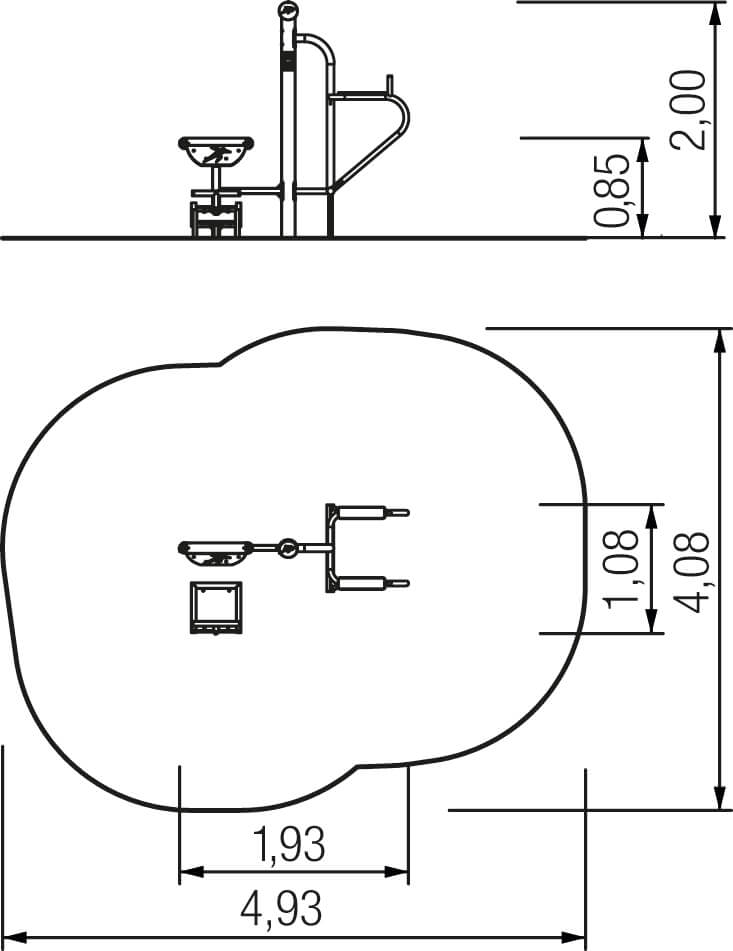 Technische Zeichnung eines Waschbeckens mit Armatur und Maßangaben auf Deutsch.