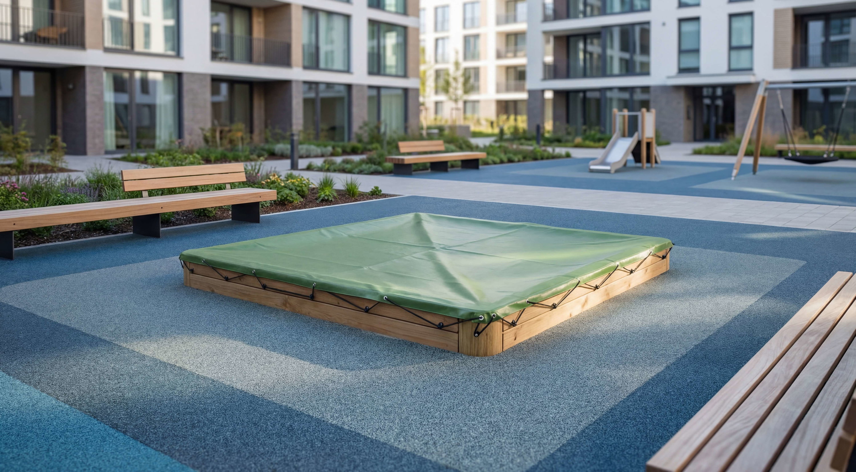 Grünbedeckter Sprungmatte im modernen Spielplatz vor Wohnhäusern mit Bänken und Schaukel.