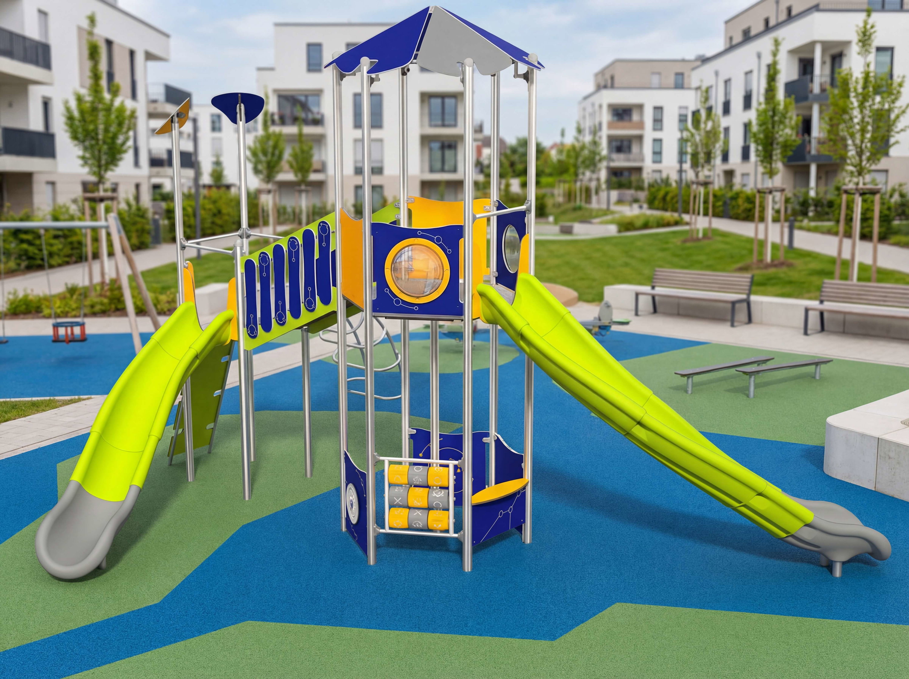 Farbiger Spielplatz mit Rutschen und Klettergerüst im modernen Wohngebiet.