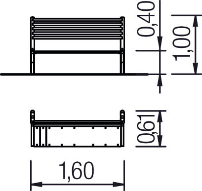 Metallbank mit Maßen: 160 cm lang, 96 cm hoch und 40 cm tief.