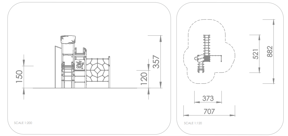 Technische Zeichnung eines Spielplatzgeräts mit Seiten- und Grundrissansicht.

**German Alt Text (max 125 chars):**
„Spielplatzgerät – technischer Schnitt & Grundriss mit Maßen.“