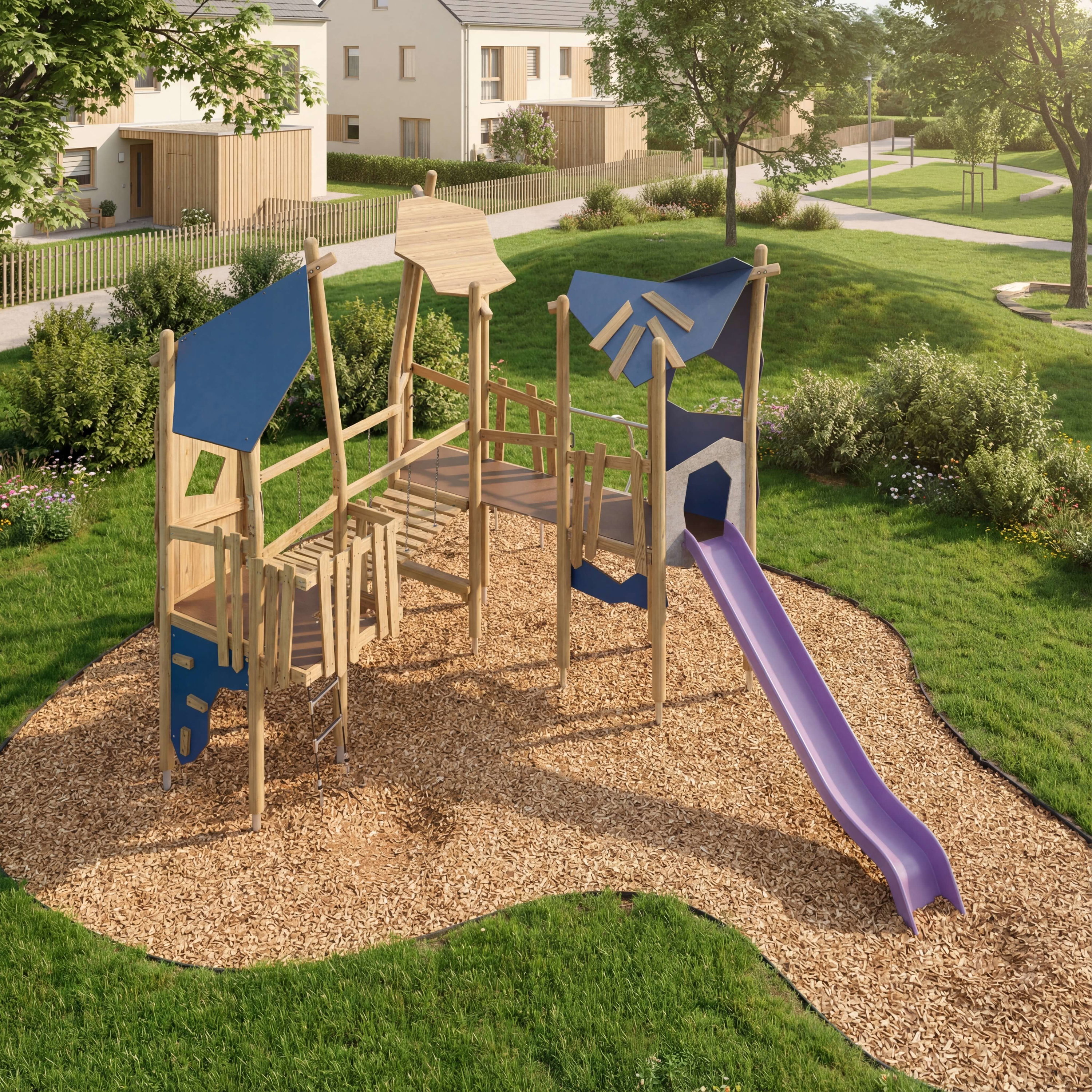 Holzspielplatz mit Rutsche im grünen Garten vor Wohnhäusern.