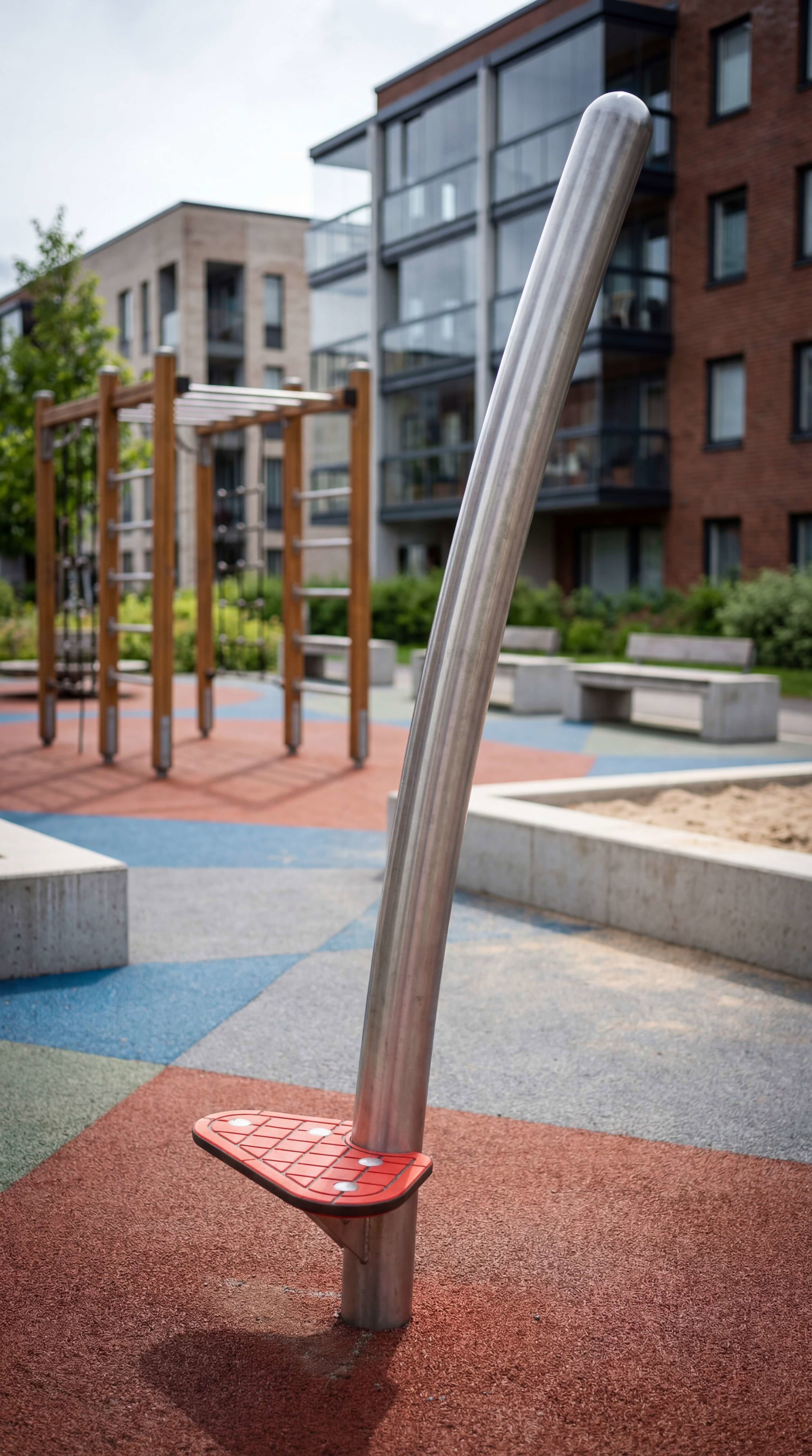 Metallstange mit rotem Fußrasten auf Spielplatz vor Wohnhäusern – modernes Kinderspielgerät im urbanen Umfeld.

(98 Zeichen)