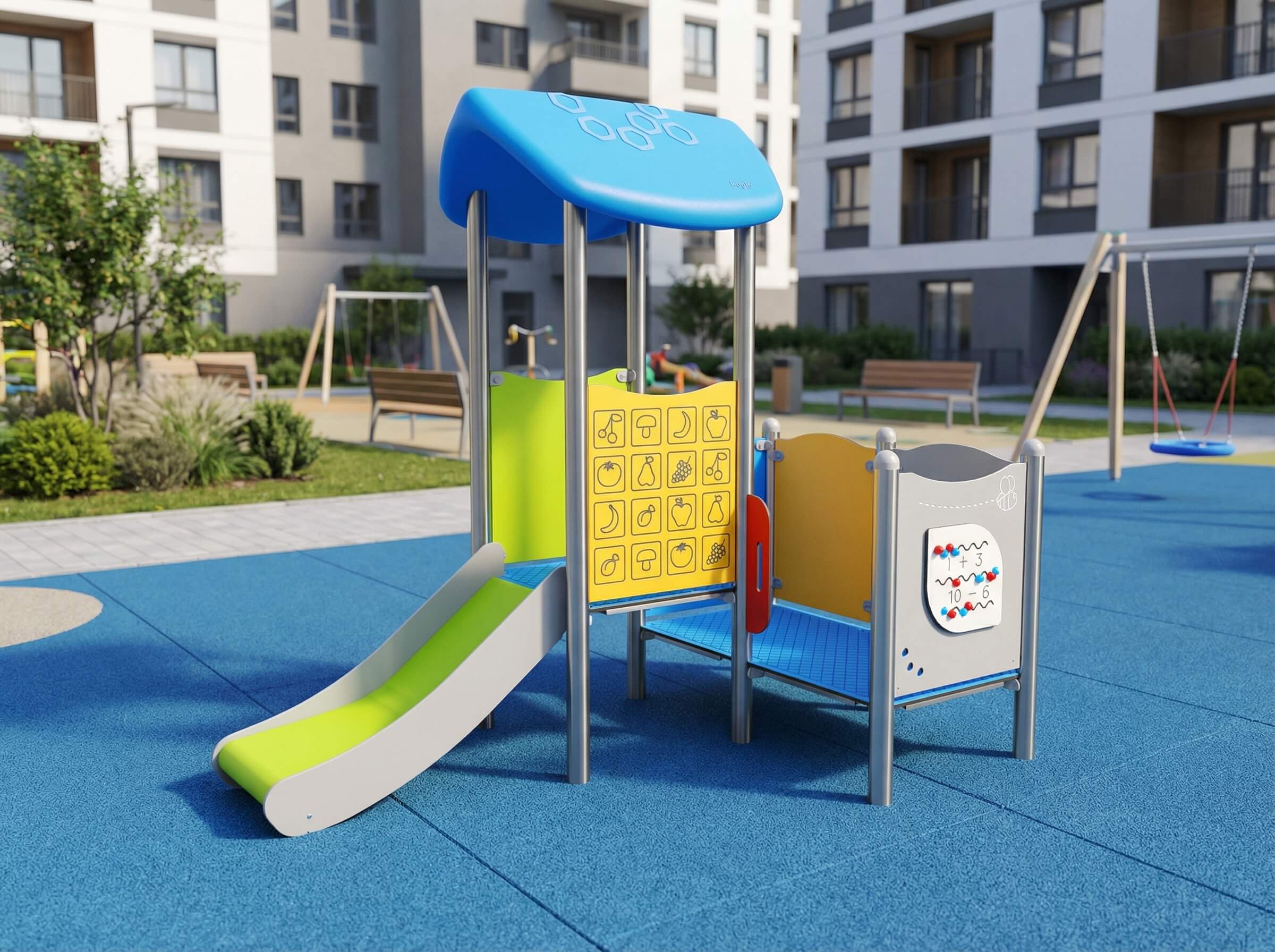 Bunte Spielanlage mit Rutsche und Lernwand im kinderfreundlichen Wohnkomplexspielplatz.