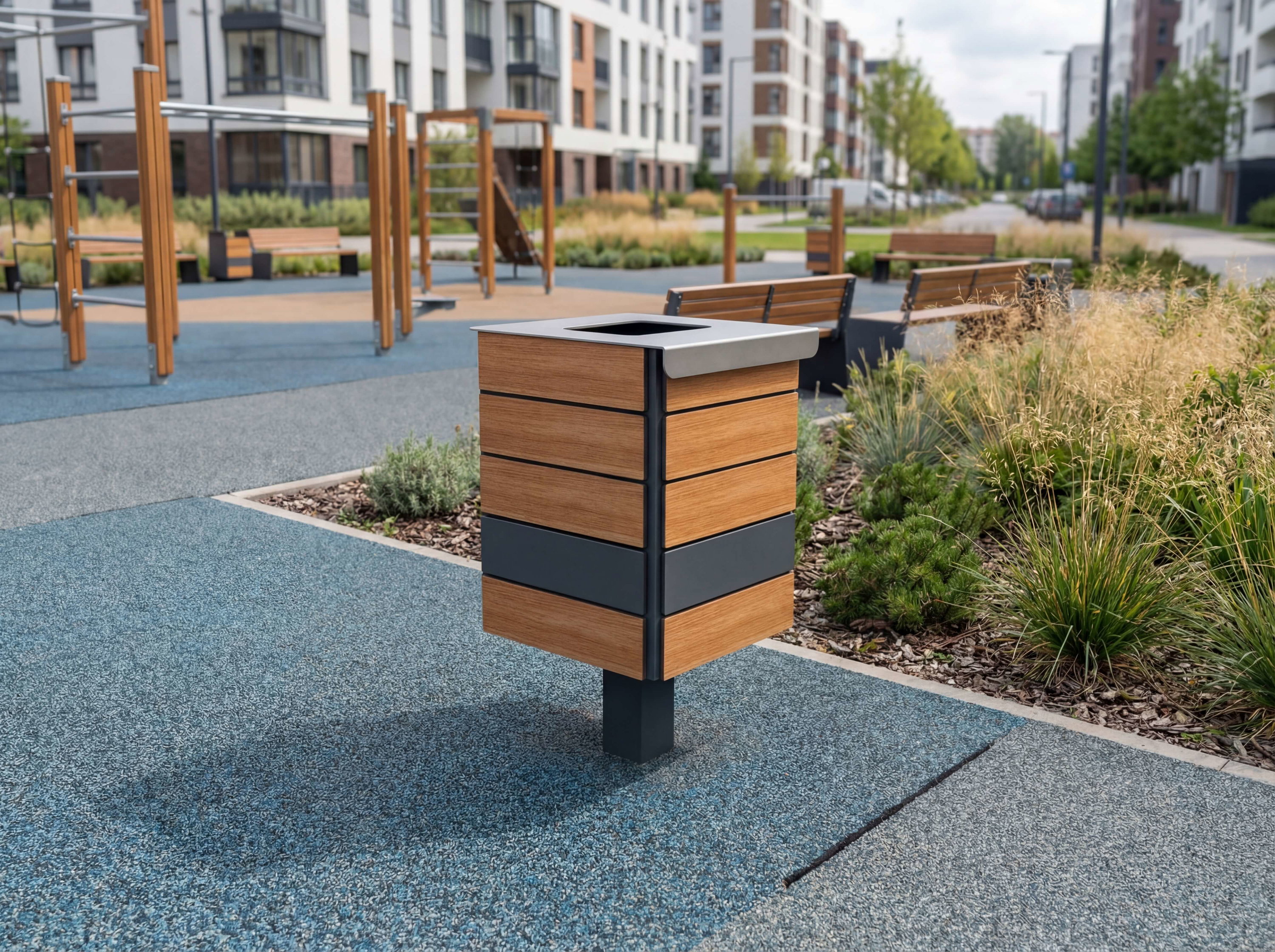 Modern wooden trash bin with metal top in urban park area near benches and apartment buildings.