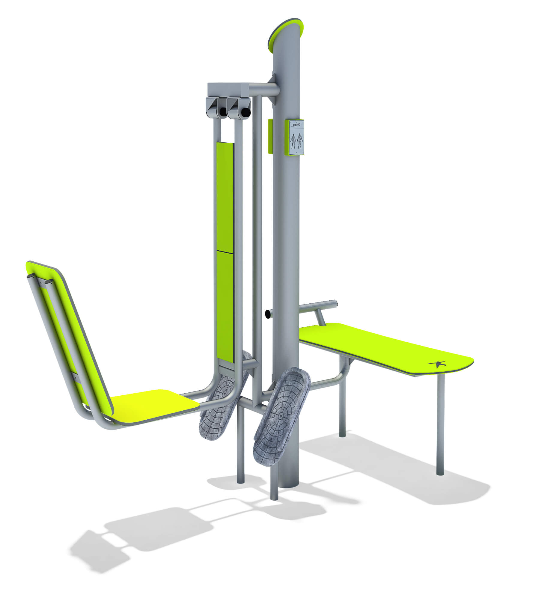 Outdoor fitness station with lime green seats and gray metal frame for strength training.
