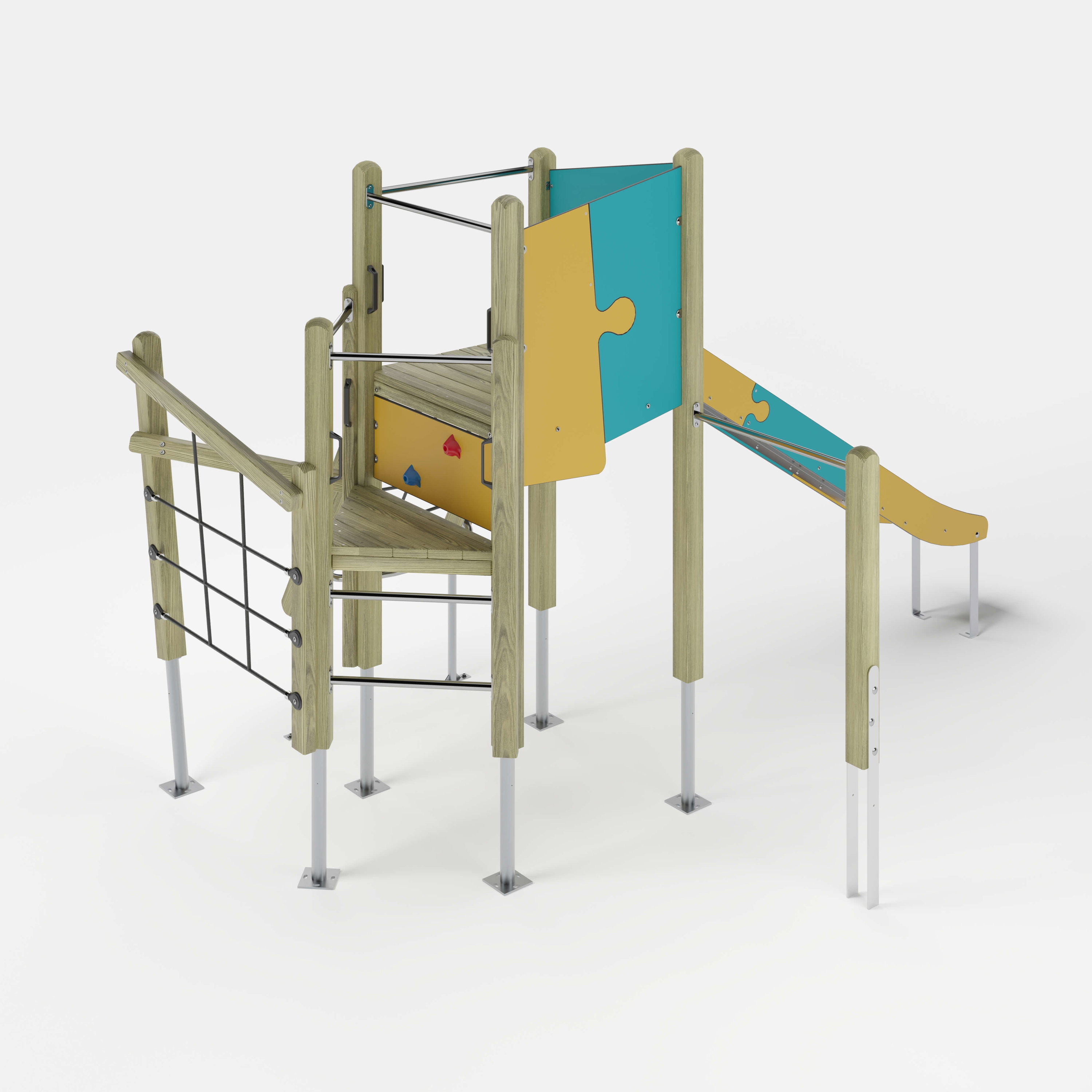 Bunte Kinderspielburg mit Dach und Rutsche auf weißem Hintergrund.