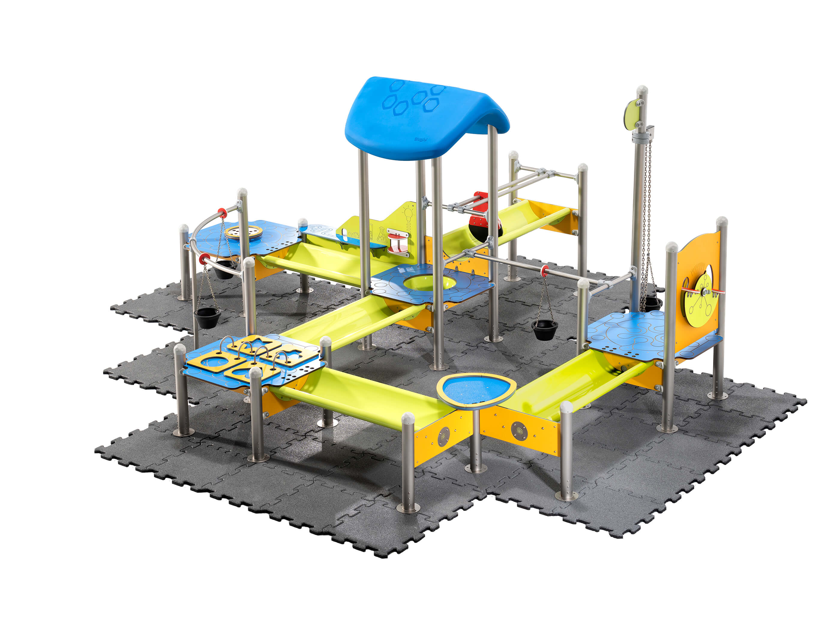 Schwinger für Kleinkinder mit Metallgestell und grünen Verbindungen auf weißem Hintergrund.