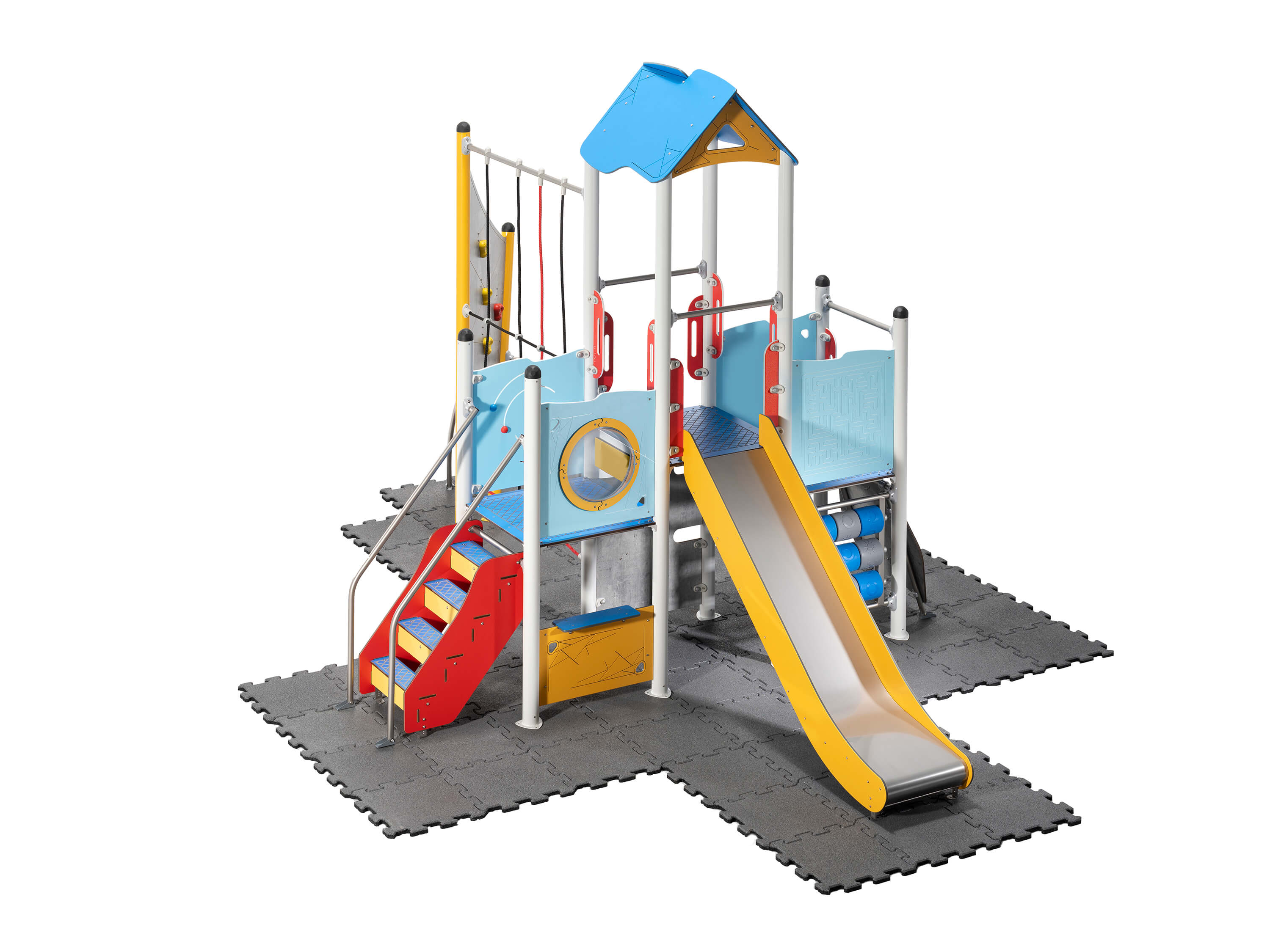 Schwinger für Kleinkinder mit Metallgestell und grünen Verbindungen auf weißem Hintergrund.